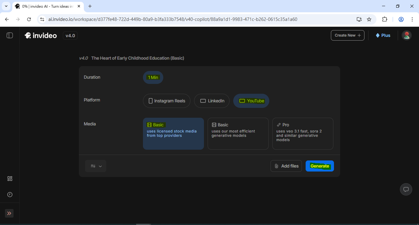 在 InVideo 中設定影片時長、風格和平台